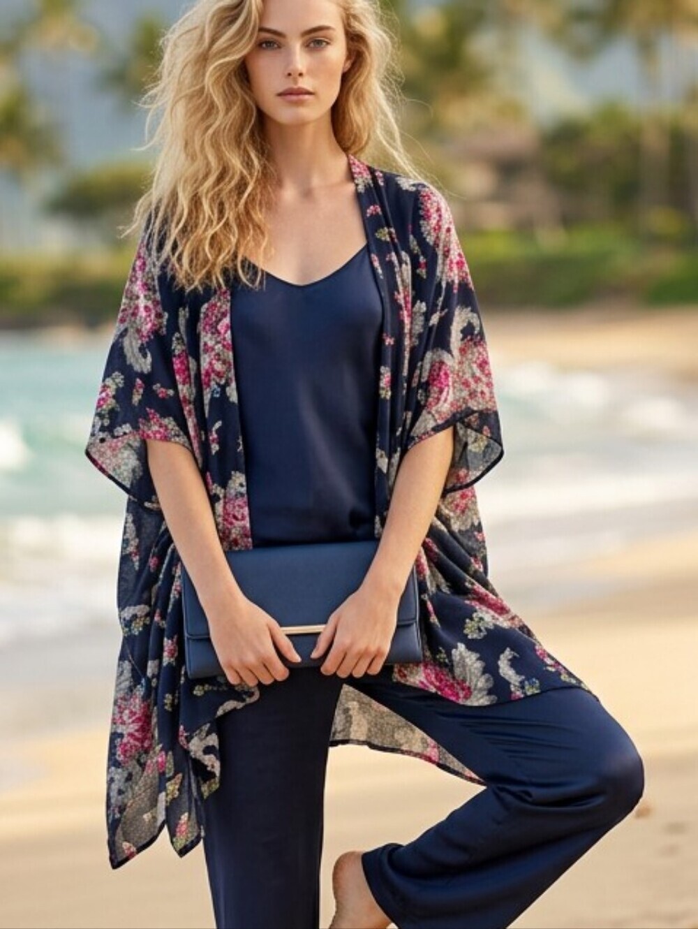 Women's Do Everything in Love Navy Pink Floral Flowy Kimono One Size Whimsy Wrap